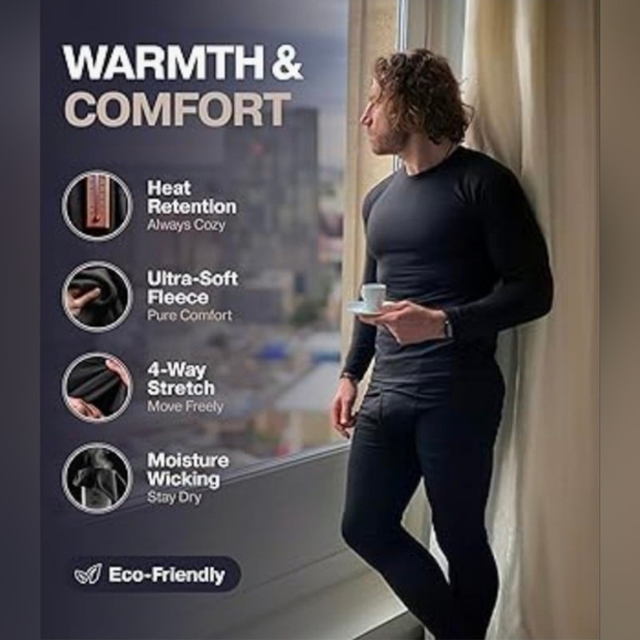 Thermajohn Men's Black Long John Thermal Underwear Fleece Lined Base Layer Set - Picture 2 of 4